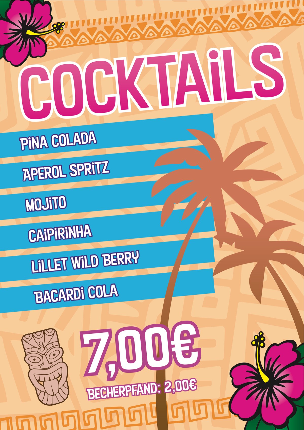 Cocktailkarte: Pina Colada, Aperol Spritz, Mojito, Caipirinha, Lillet Wild Berry, Bacardi Cola – je 7,00 €, Becherpfand 2,00 €.
