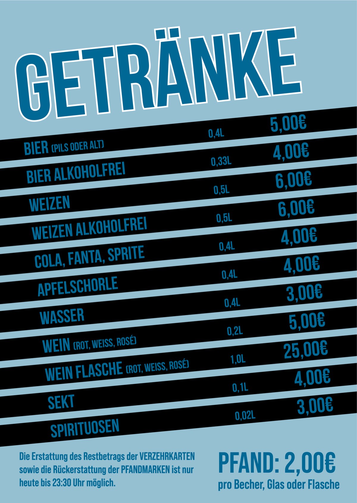 Getränkekarte: Bier 0,4 l 5,00 €, Bier alkoholfrei 0,33 l 4,00 €, Weizen 0,5 l 6,00 €, Weizen alkoholfrei 0,5 l 6,00 €, Cola, Fanta, Sprite 0,4 l 4,00 €, Apfelschorle 0,4 l 4,00 €, Wasser 0,4 l 3,00 €, Wein 0,2 l 5,00 €, Weinflasche 1,0 l 25,00 €, Sekt 0,1 l 4,00 €, Spirituosen 0,02 l 3,00 €. Pfand 2,00 € pro Becher, Glas oder Flasche.
